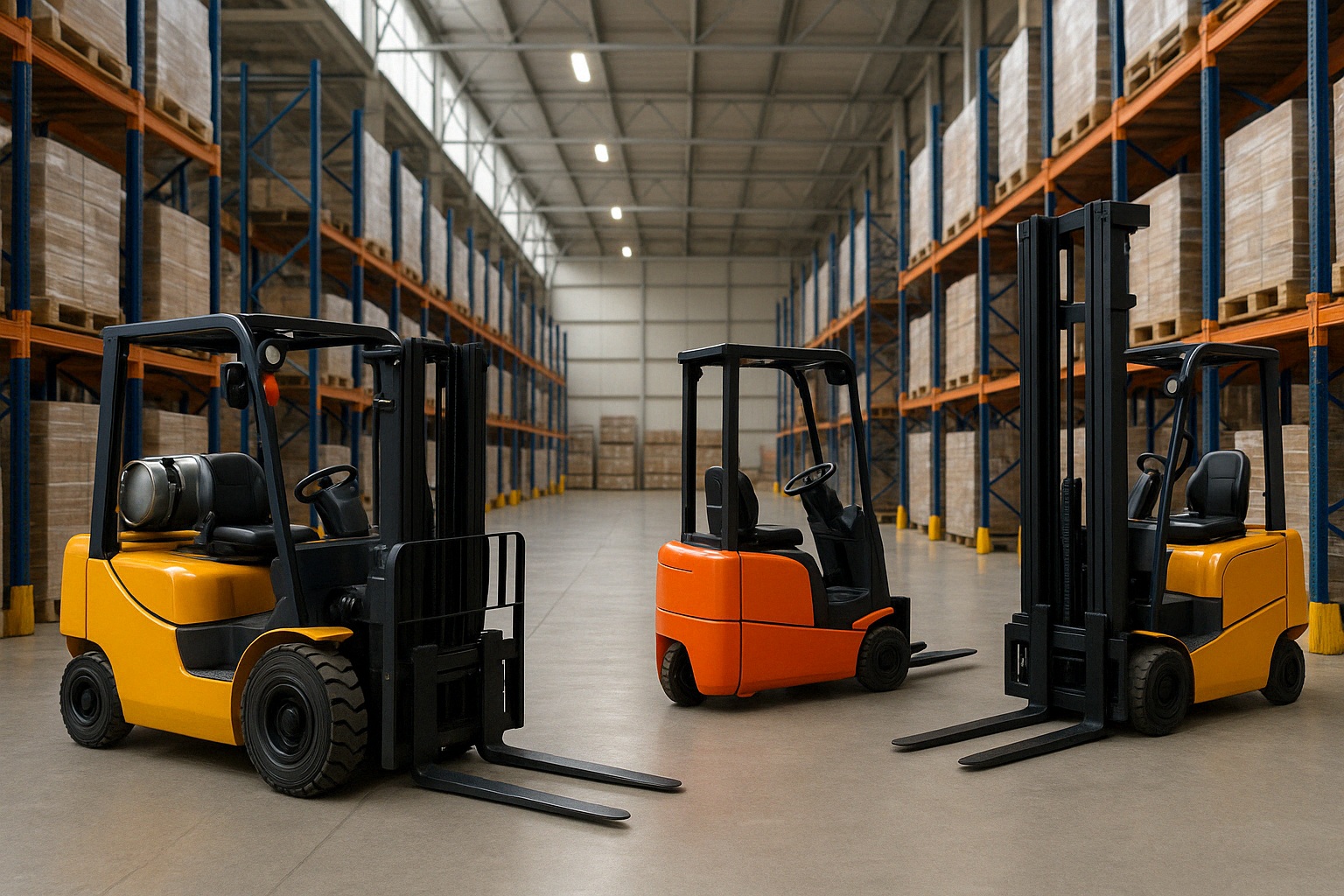 Various types of forklifts in a warehouse setting