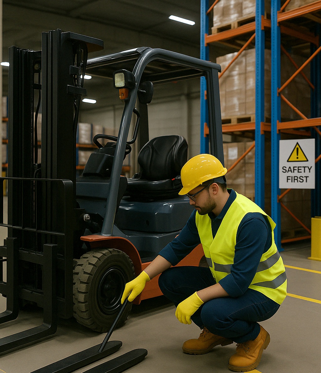 Forklift operator wearing safety equipment in a warehouse