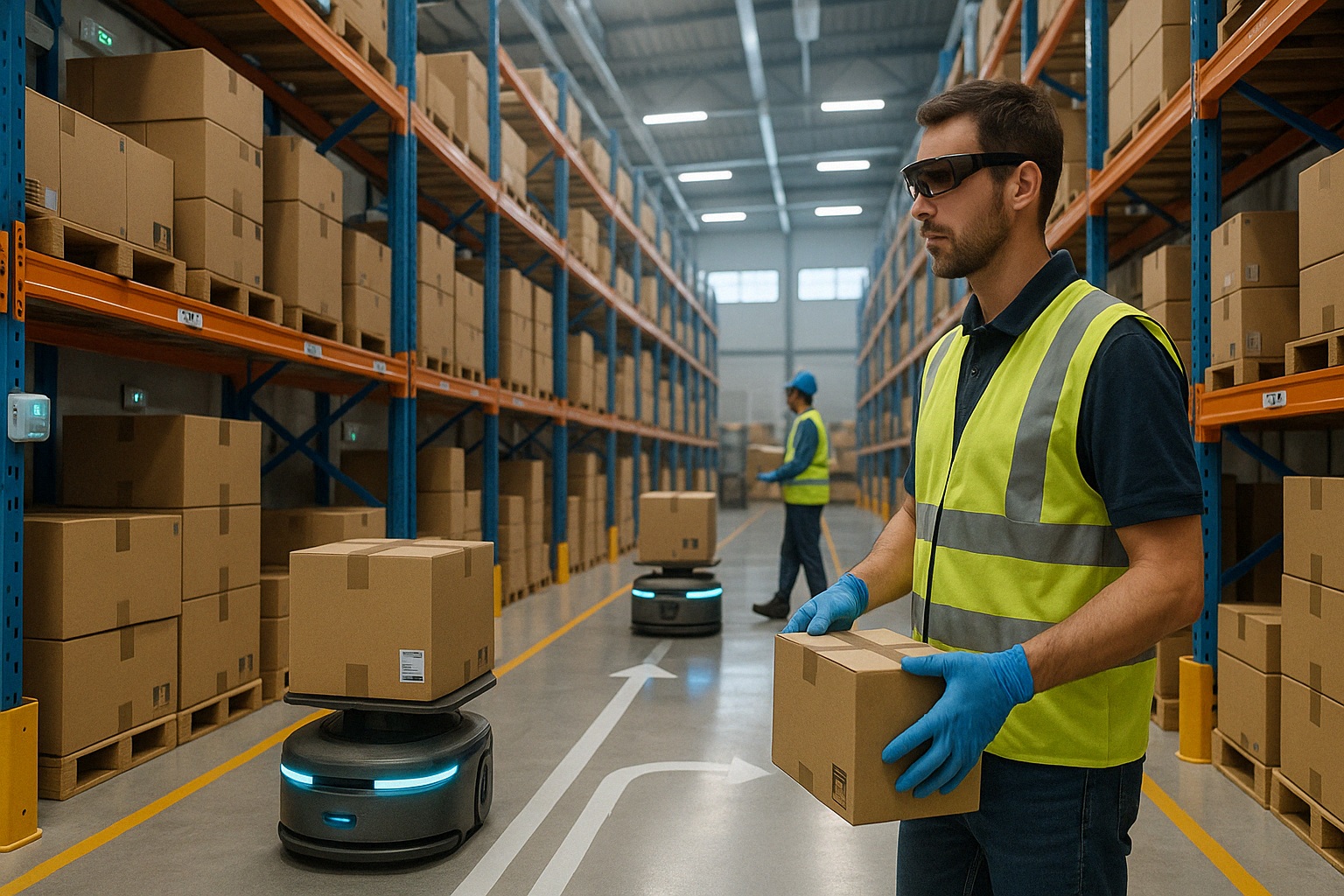 Futuristic warehouse with autonomous robots and advanced material handling systems