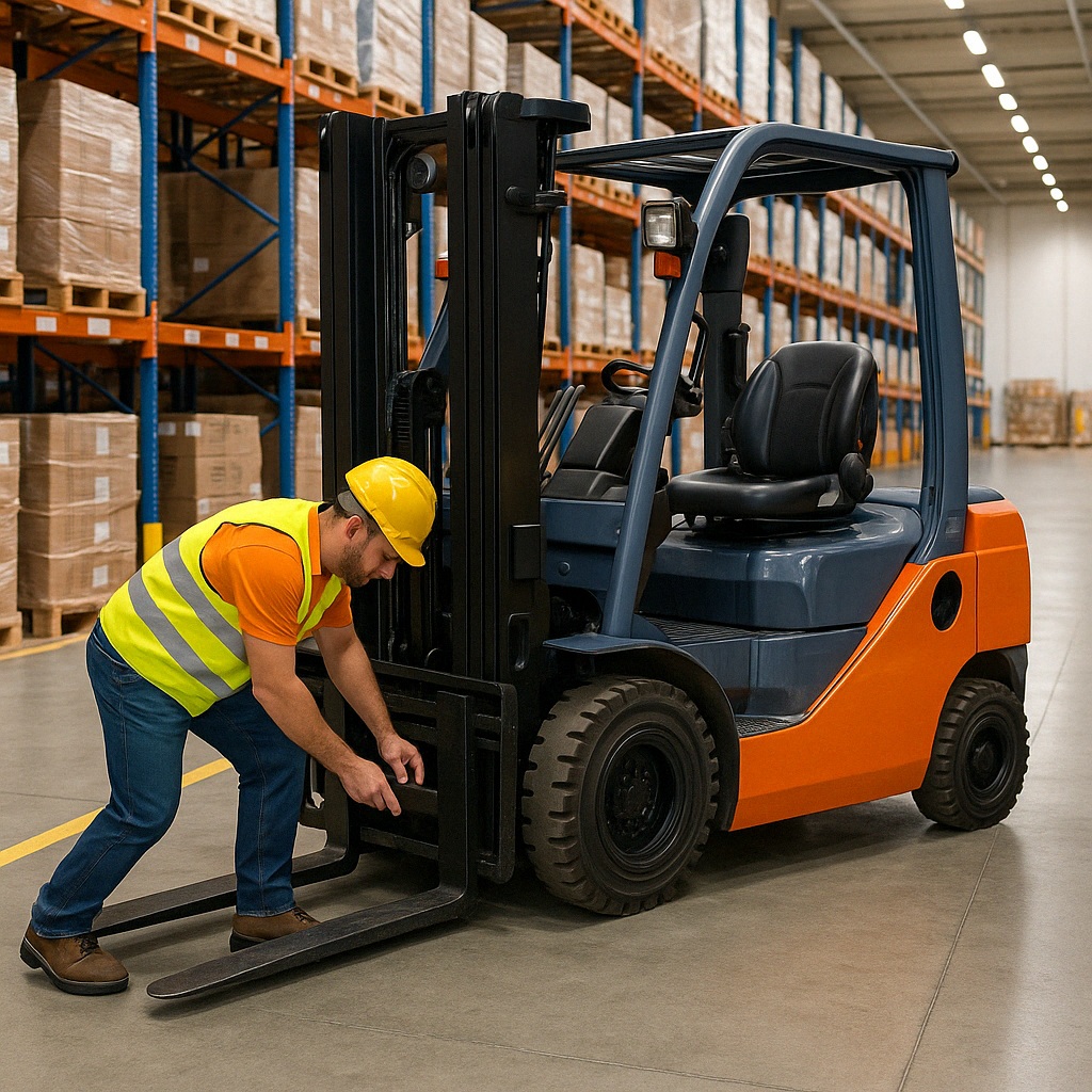 Mechanic performing preventive maintenance on a forklift
