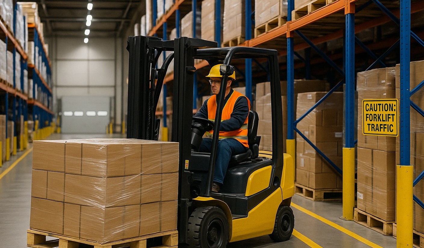 Forklift operator following OSHA regulations in a warehouse