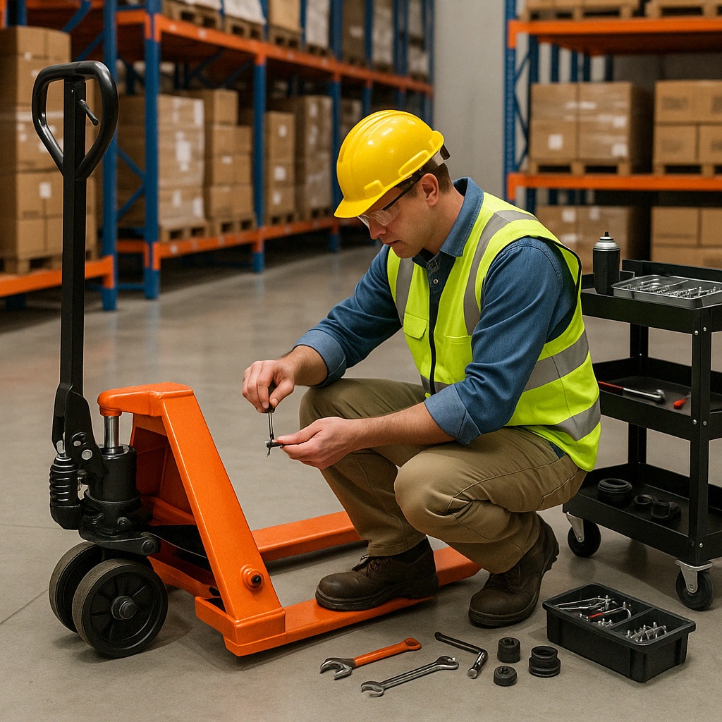 Technician performing maintenance on a pallet jack