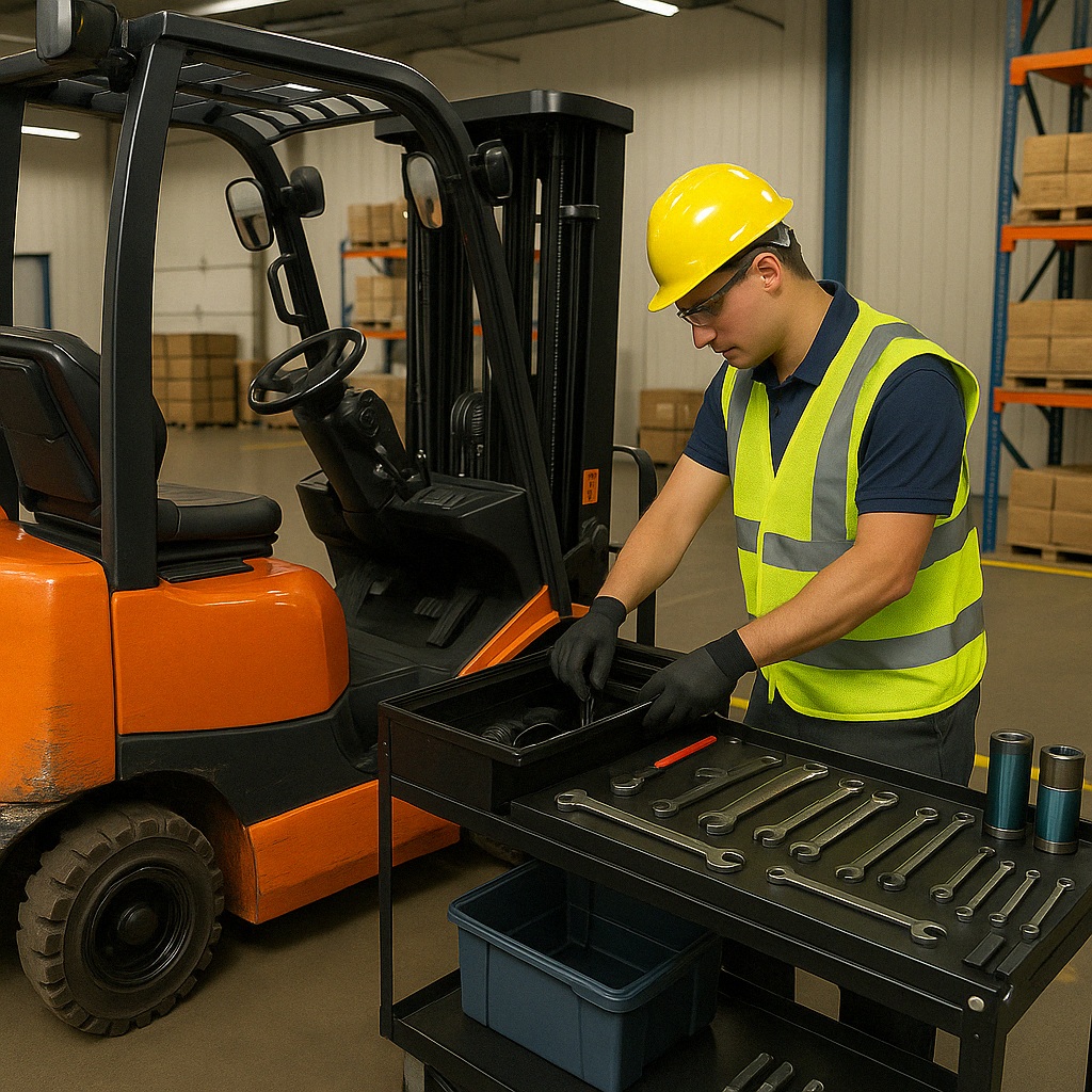 Forklift being serviced for seasonal maintenance